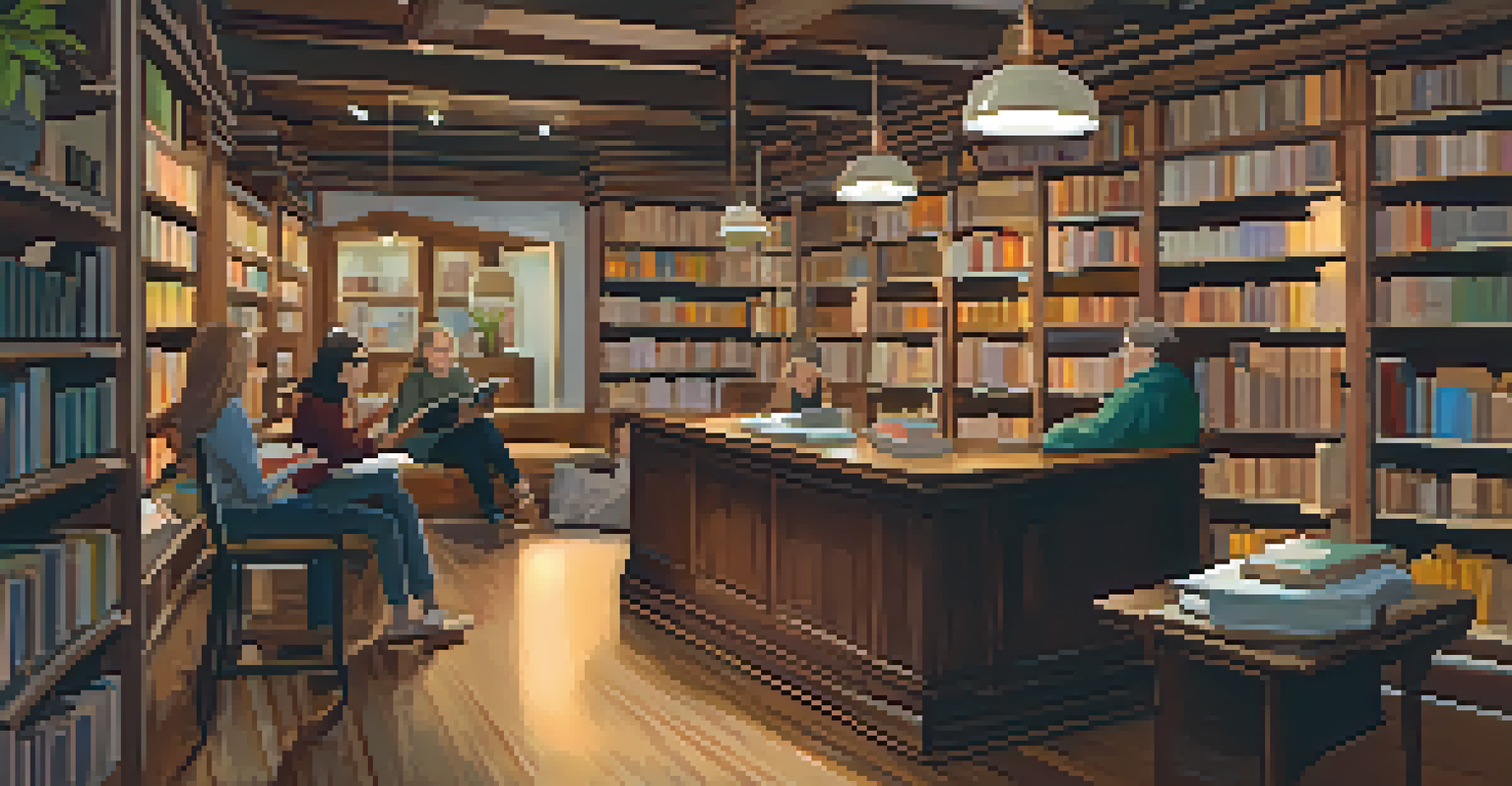 A cozy bookstore filled with books, where writers are engaged in a workshop.