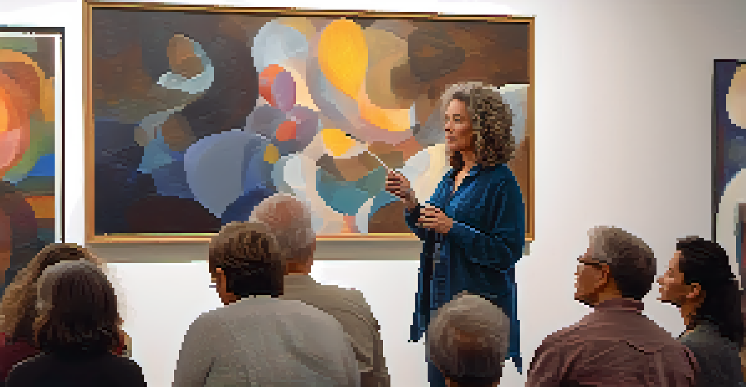 An artist talk in a gallery during ArtNight Pasadena, featuring a woman beside her abstract painting, engaging a diverse audience under soft lighting.