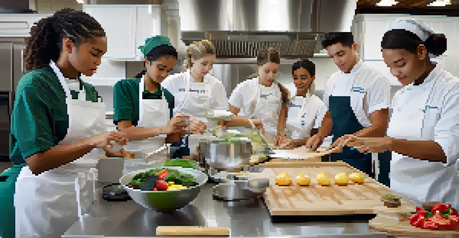 Young students in a vocational training class learning culinary skills in a modern kitchen with fresh ingredients and an instructor.