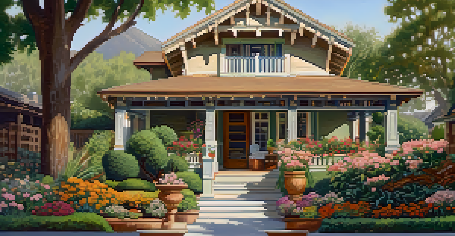Beautiful Craftsman-style homes with detailed architecture and blooming gardens, with visitors exploring.