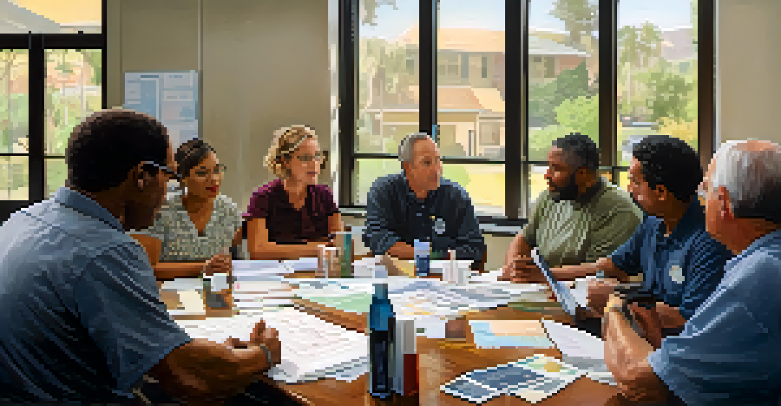 Close-up of a community meeting about emergency management in Pasadena with residents engaged in discussion and a city official presenting.