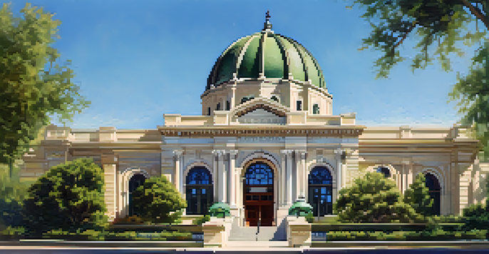 A beautiful Renaissance Revival library with a grand dome surrounded by green trees and a blue sky.
