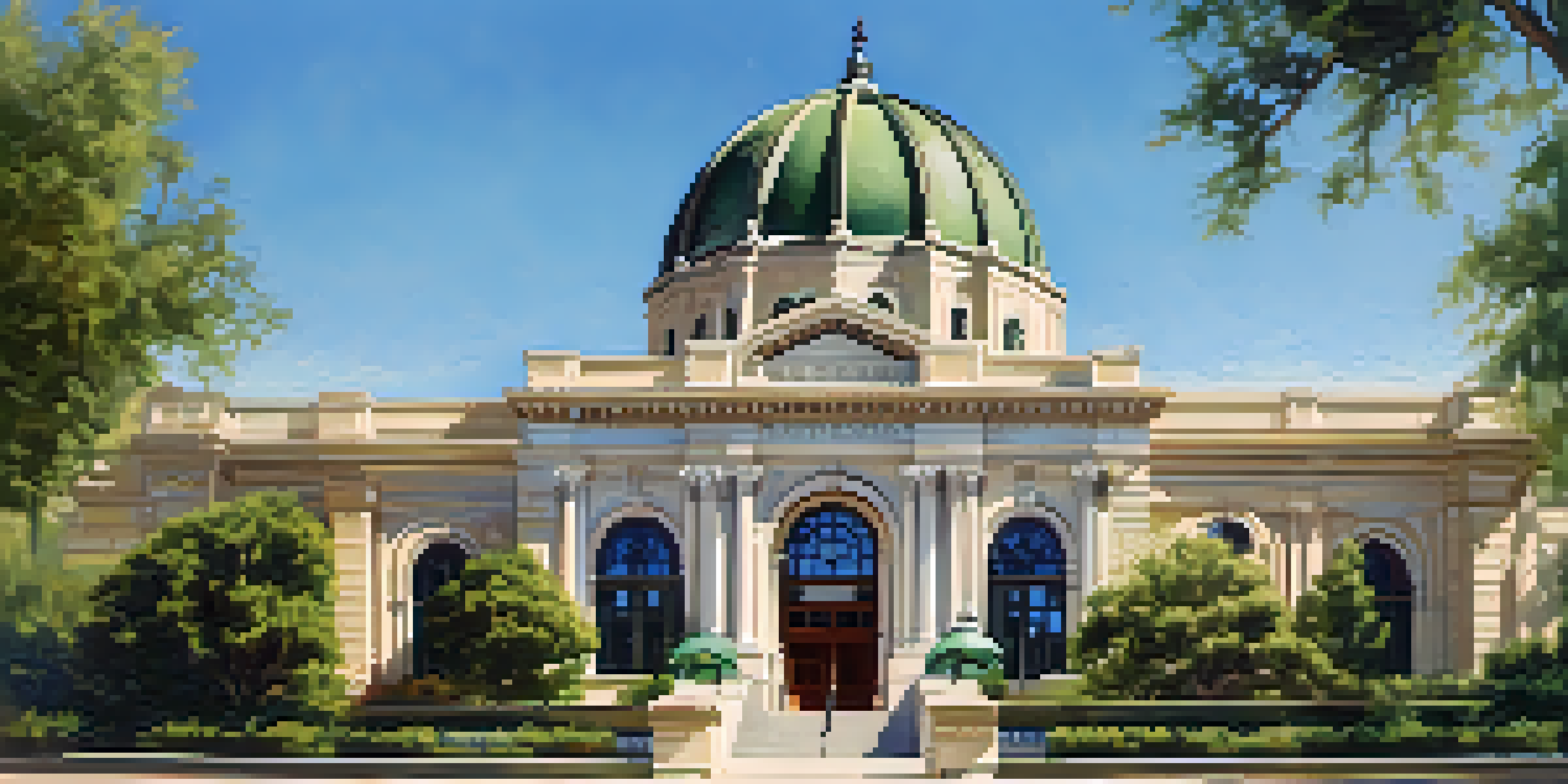 A beautiful Renaissance Revival library with a grand dome surrounded by green trees and a blue sky.