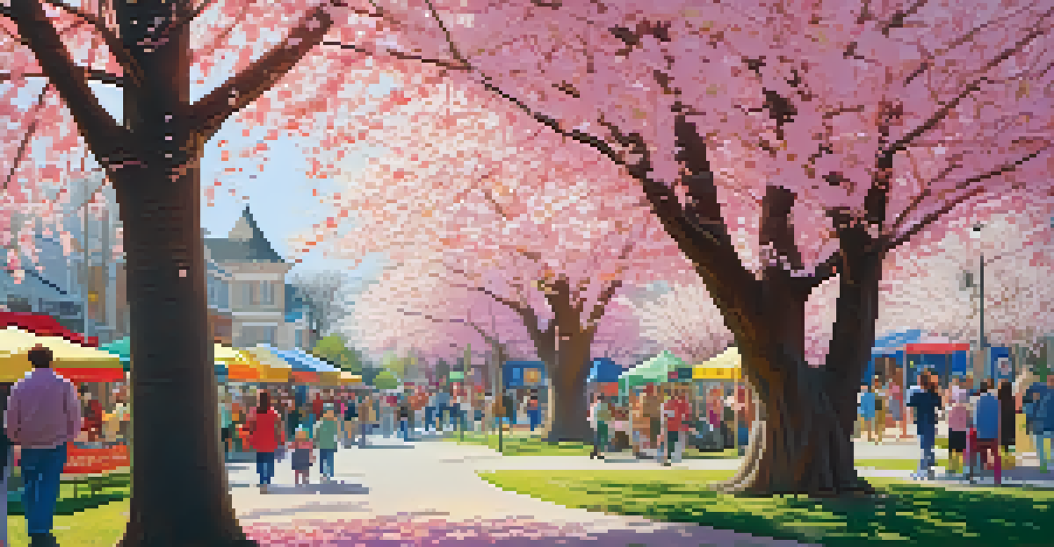 A lively spring festival under blooming cherry trees with pink and white flowers, filled with families and decorations.