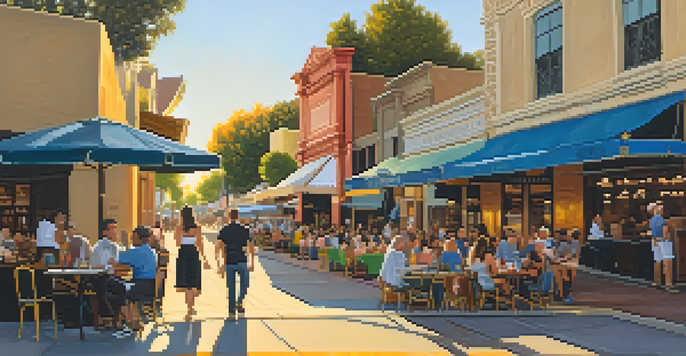 A lively street scene in Pasadena's Playhouse District with historic theaters, outdoor cafes, and people enjoying an art walk under a sunset.