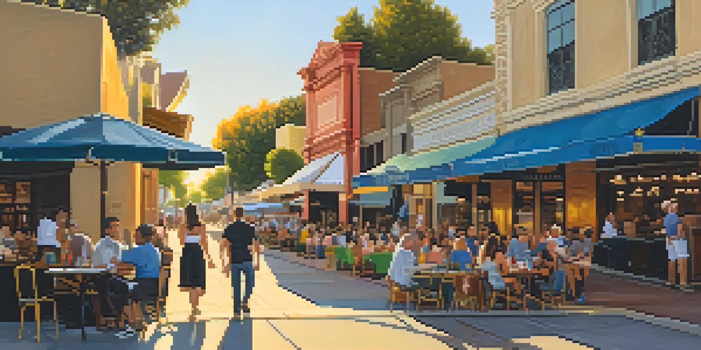 A lively street scene in Pasadena's Playhouse District with historic theaters, outdoor cafes, and people enjoying an art walk under a sunset.