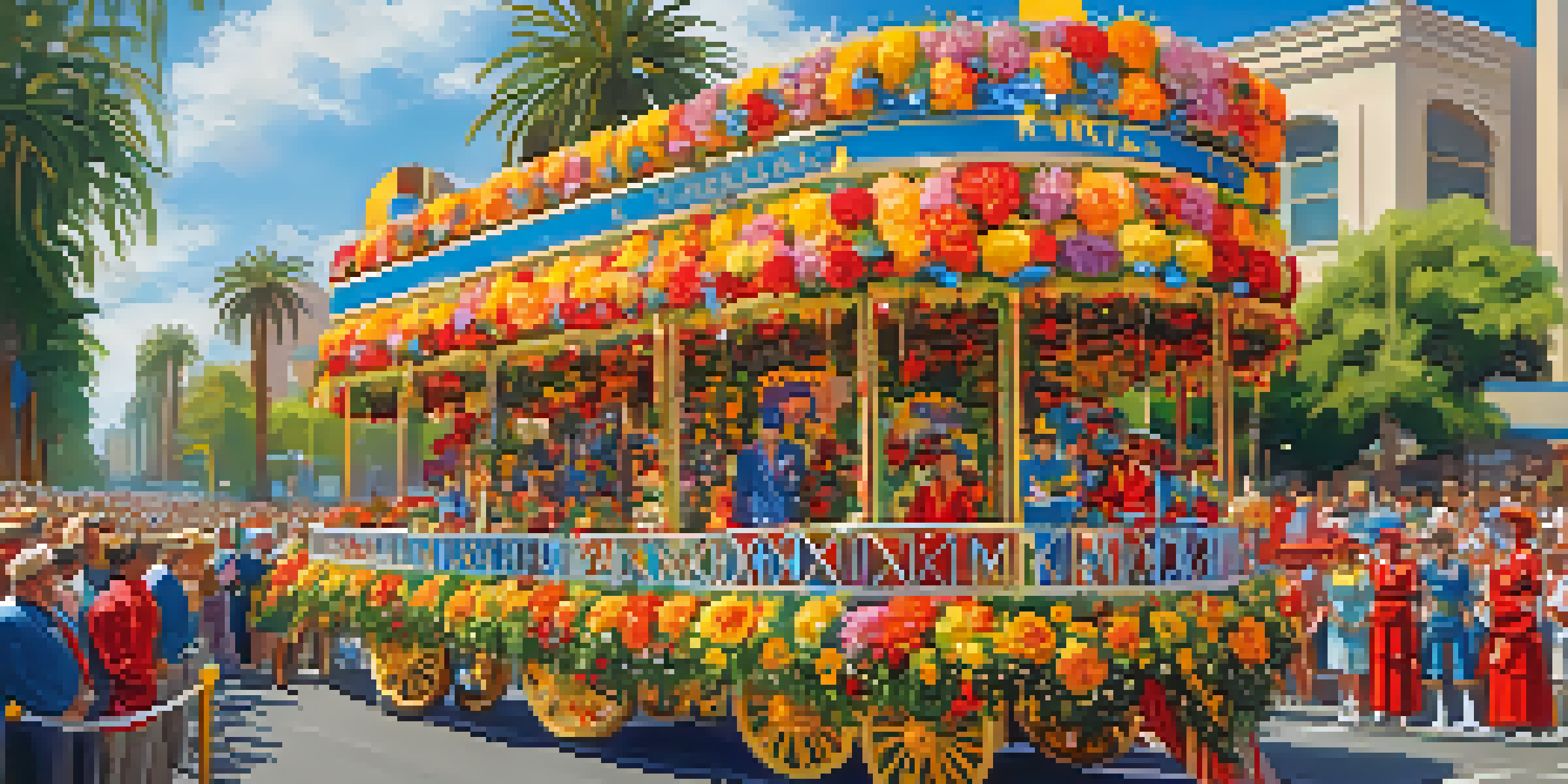 A colorful float covered in flowers moving down a street with excited spectators in festive clothing under a bright blue sky.
