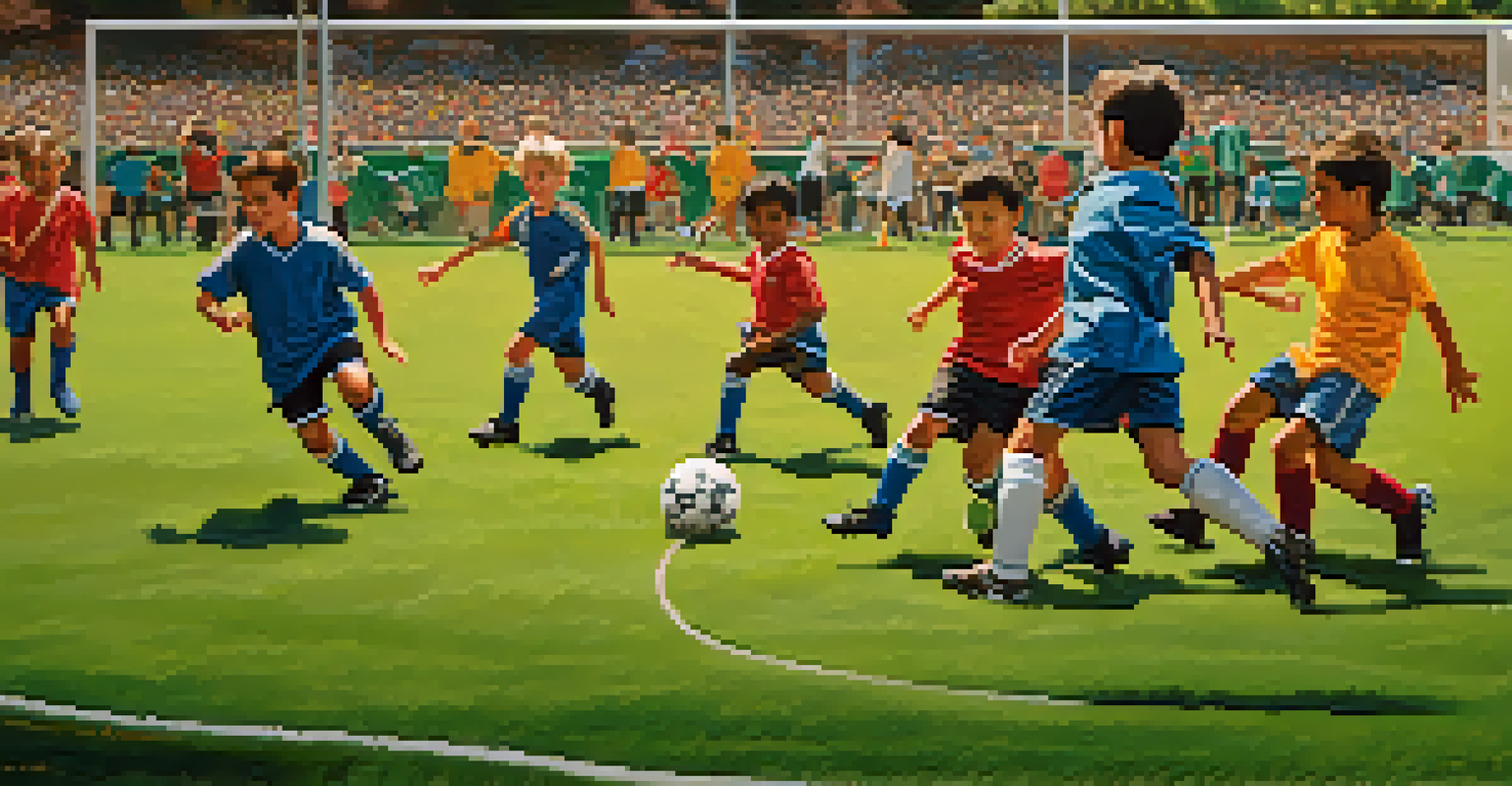 Close-up of young soccer players in Pasadena, energetically playing on a grassy field with cheering parents on the sidelines.