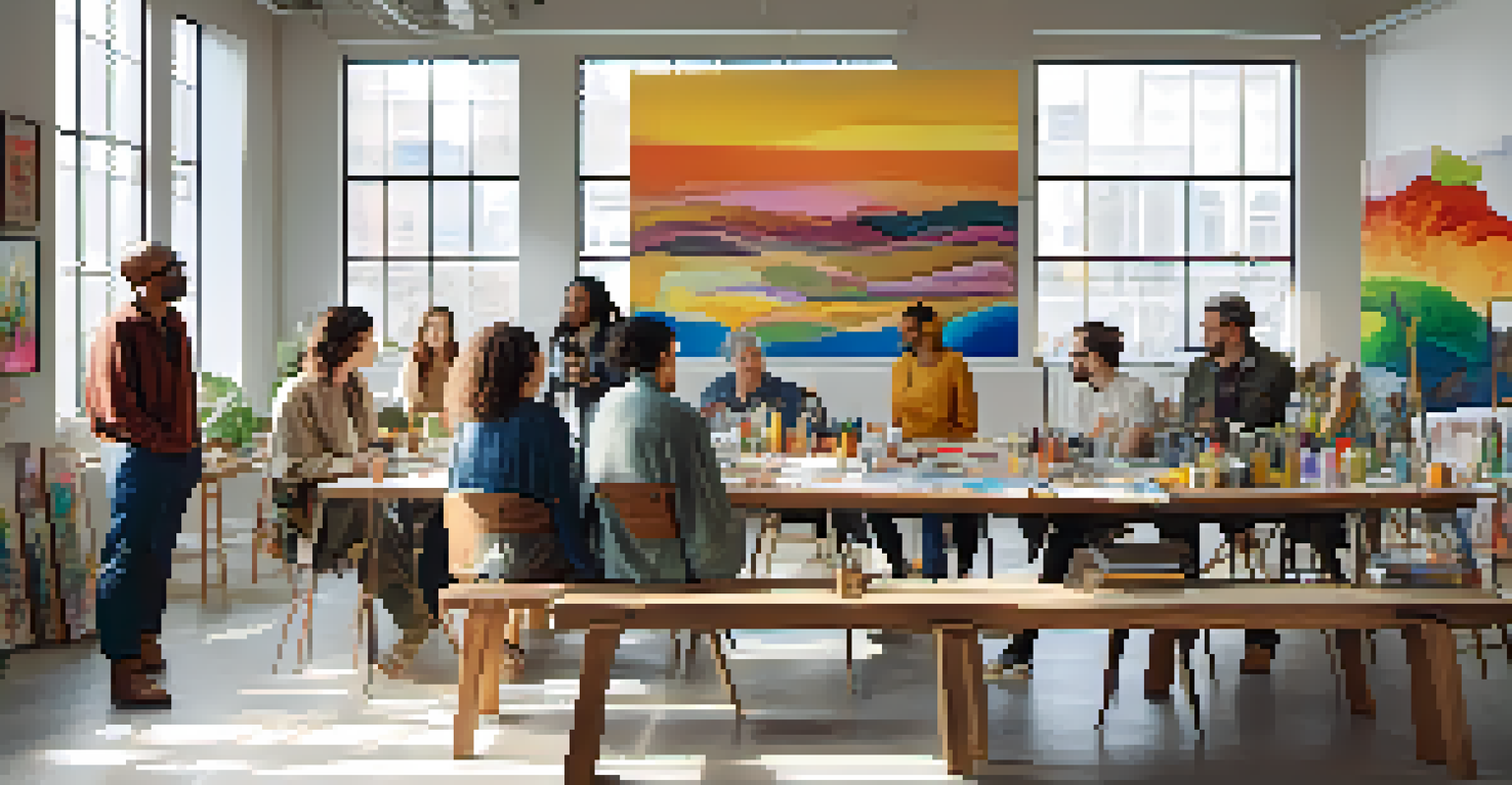 A diverse group of artists collaborating in a bright studio filled with art, discussing creative projects around a table.