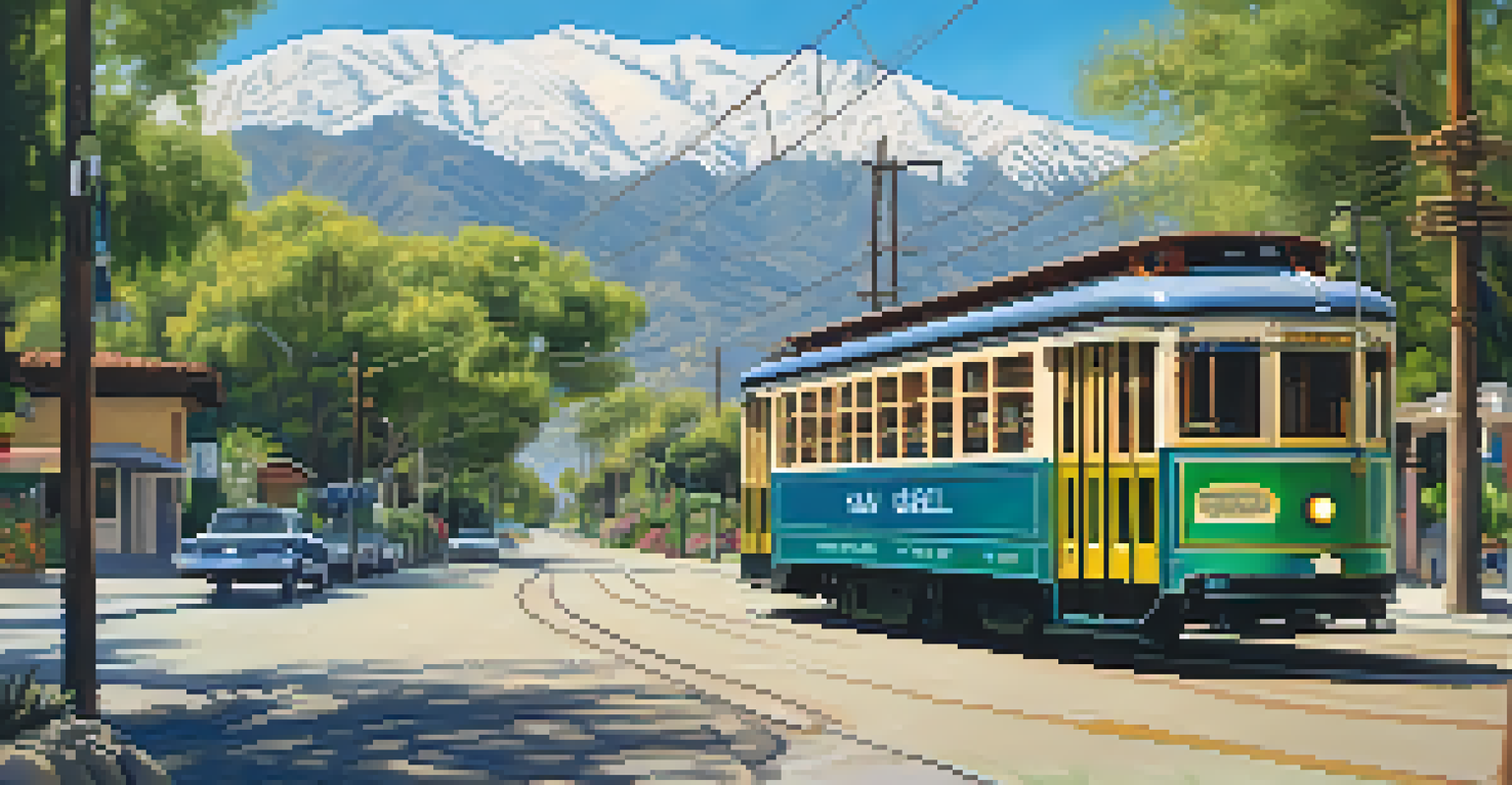 A scenic view of mountains with a colorful streetcar traveling along a lush route, surrounded by flowers and greenery.