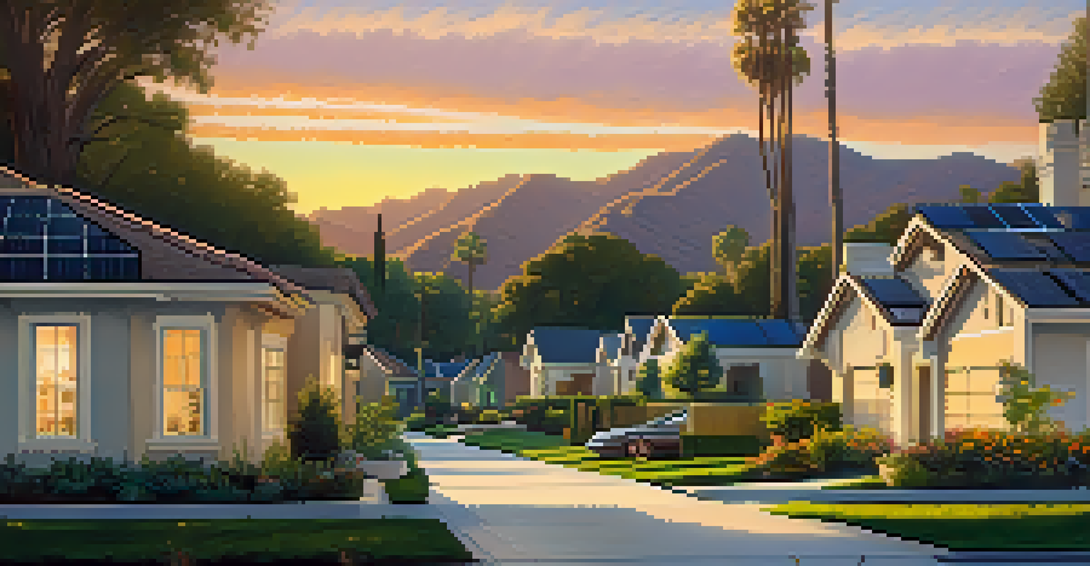 A peaceful Pasadena neighborhood with homes featuring solar panels and EV charging stations, bathed in the golden light of sunset.