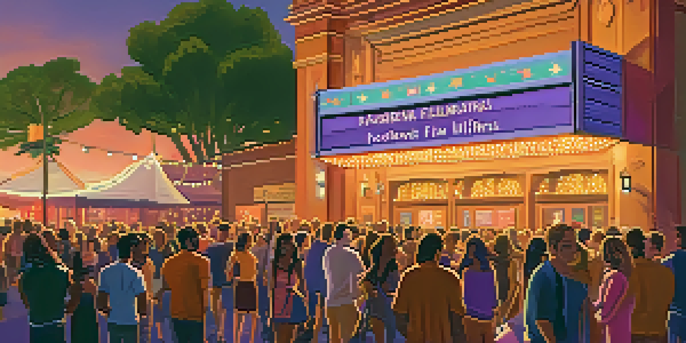 A lively film festival scene with diverse attendees conversing outside a theater at sunset, under string lights and a festival banner.