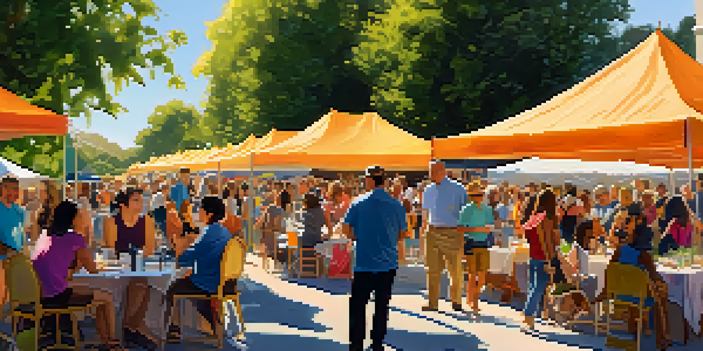 A busy outdoor festival scene with people chatting and authors signing books under colorful tents, surrounded by greenery and flowers.