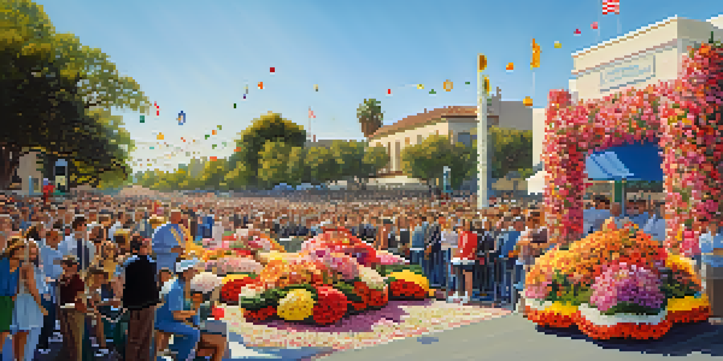 A lively Rose Parade featuring colorful floral floats and a crowd of enthusiastic spectators under a sunny sky.