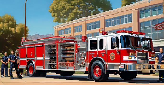A group of volunteer firefighters stands in front of a fire truck, smiling with pride during sunset.