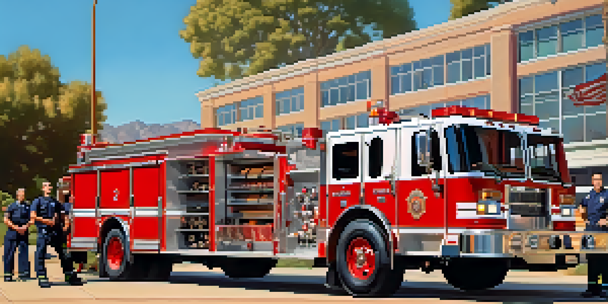A group of volunteer firefighters stands in front of a fire truck, smiling with pride during sunset.