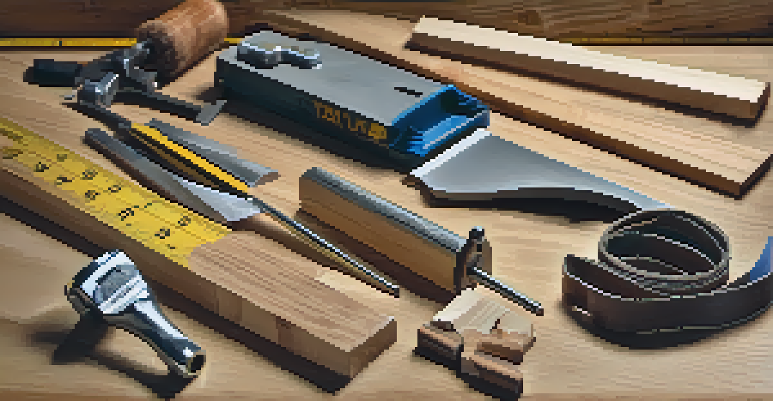 A close-up view of woodworking tools on a workbench, showcasing chisels, a table saw, and wood shavings.