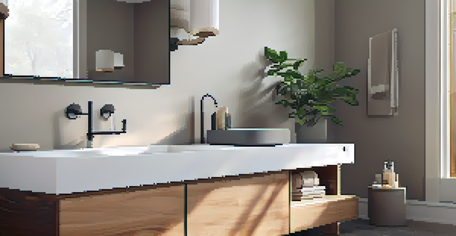 A modern bathroom with low-flow fixtures and eco-friendly materials, illuminated by natural light.