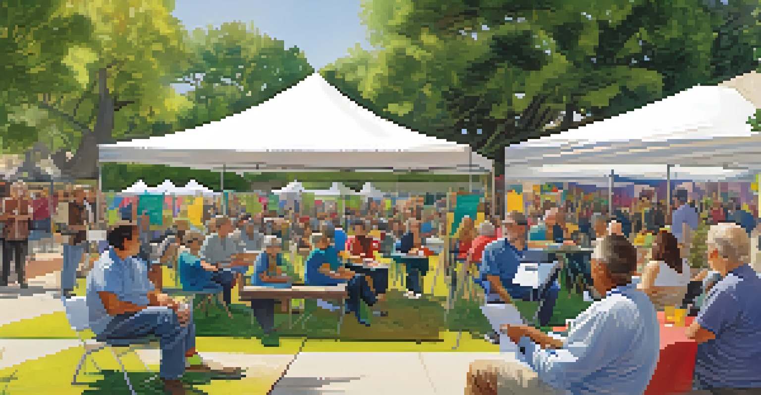 An outdoor event in Pasadena where residents engage with city council members under a colorful tent, promoting community involvement with trees and local architecture in the background.