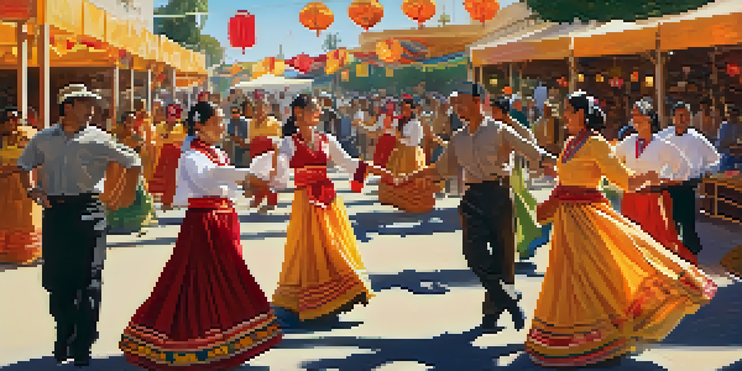 A lively Pasadena Cultural Festival scene with diverse individuals in traditional attire dancing under colorful decorations.