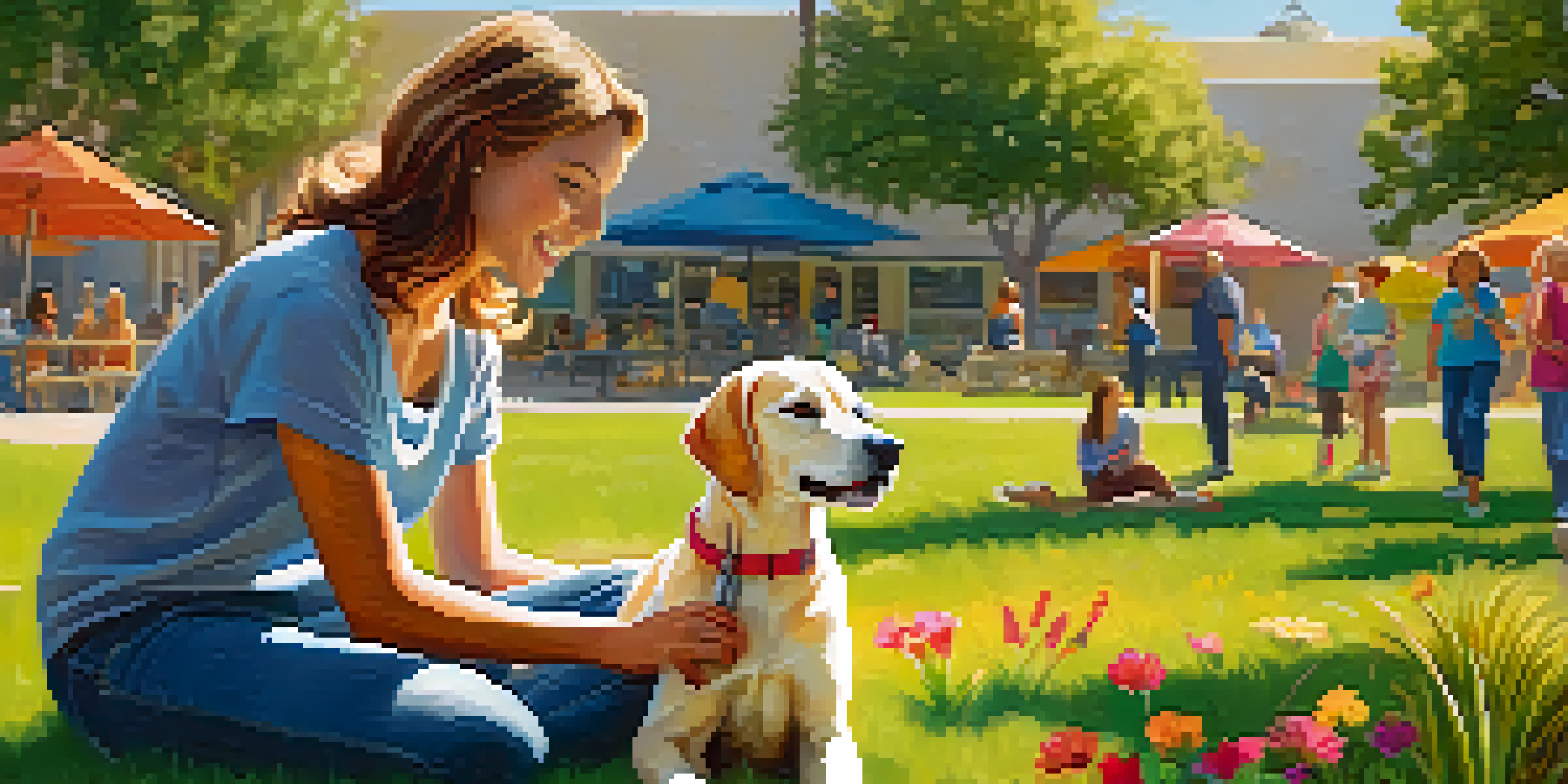 A volunteer petting a happy dog in a sunny Pasadena animal shelter, with colorful flowers and other animals in the background.