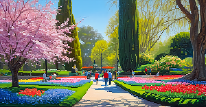 A colorful spring scene with blooming tulips and cherry blossoms in a botanical garden, showcasing people walking along a flower-lined path.