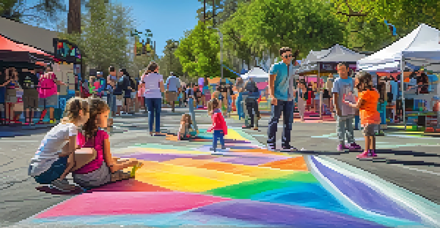Children and families engaging in chalk art activities at the Pasadena Chalk Festival, surrounded by colorful artworks and a festive atmosphere.