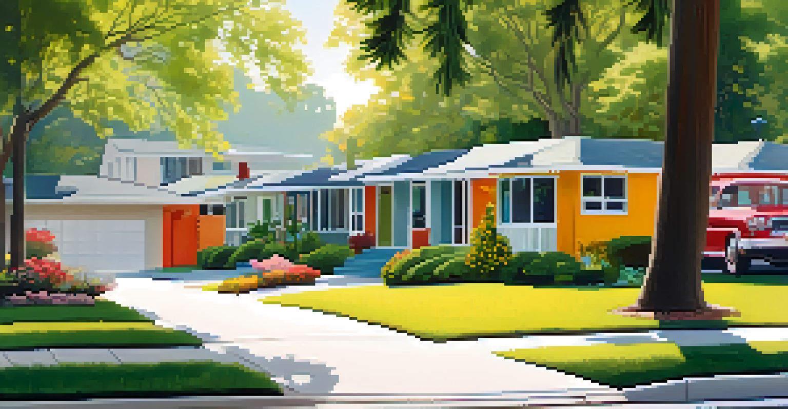 A charming street in Pasadena's Bungalow Heaven district lined with mid-century modern homes and colorful gardens in morning light.