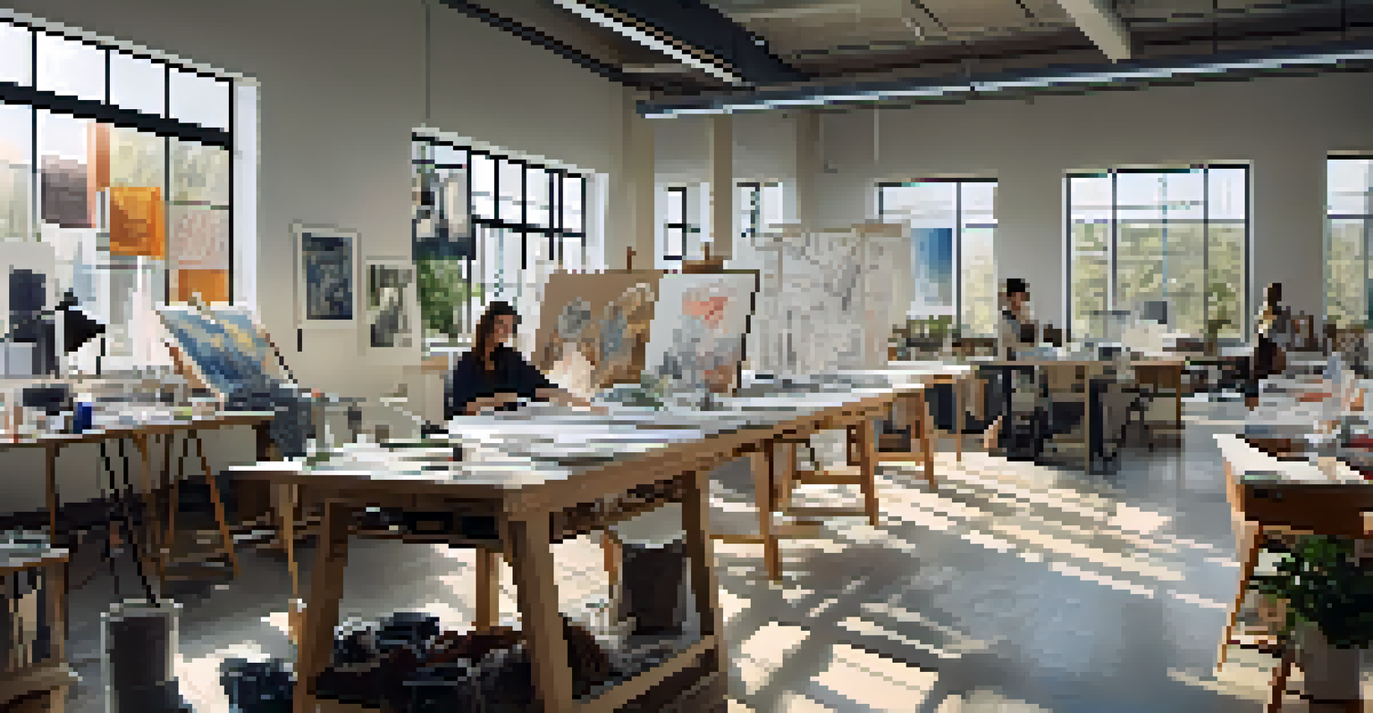 A workshop with fashion students working on sustainable design projects, surrounded by sketches and fabric swatches in a sunlit room.