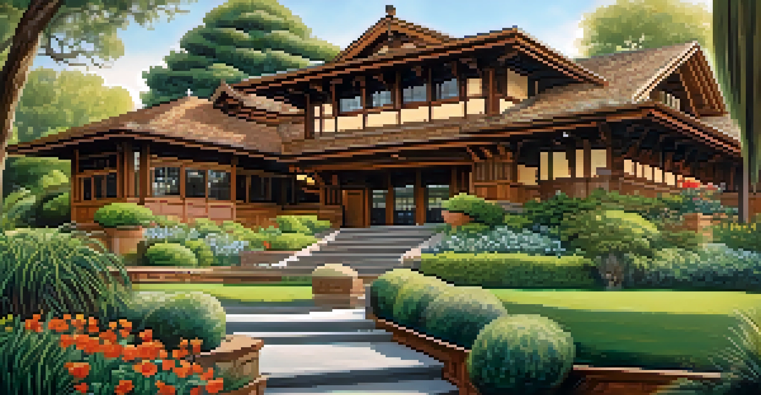The Gamble House, an architectural masterpiece with detailed woodwork and surrounding gardens, inviting exploration.