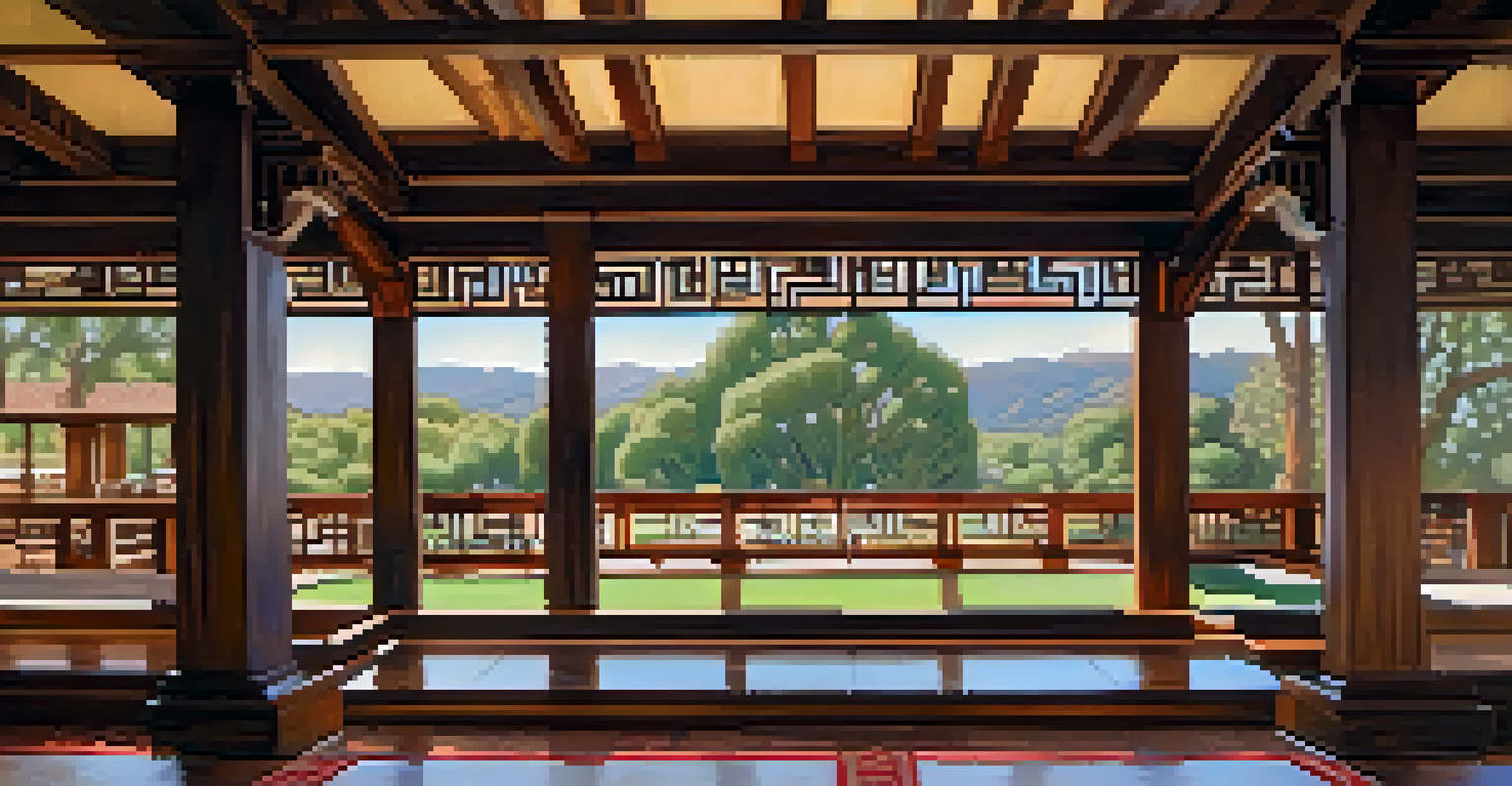 A close-up view of the architectural details of the Gamble House, focusing on its wooden beams and artistic window designs.