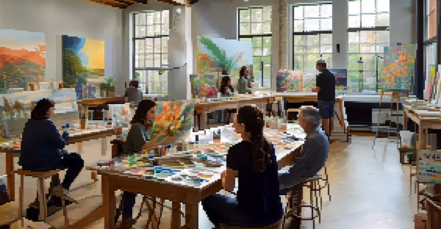 A workshop with local and international artists collaborating on a mural, surrounded by art supplies and natural light.