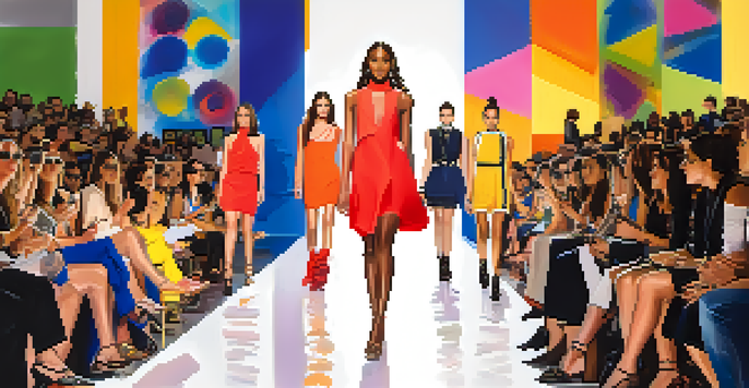 A runway show at Pasadena Fashion Week featuring models in colorful outfits and an engaged audience.