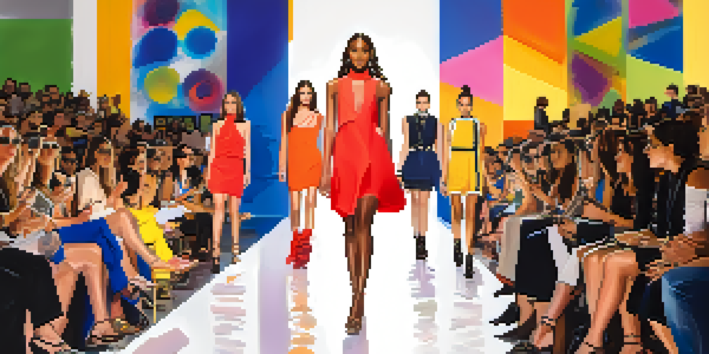 A runway show at Pasadena Fashion Week featuring models in colorful outfits and an engaged audience.