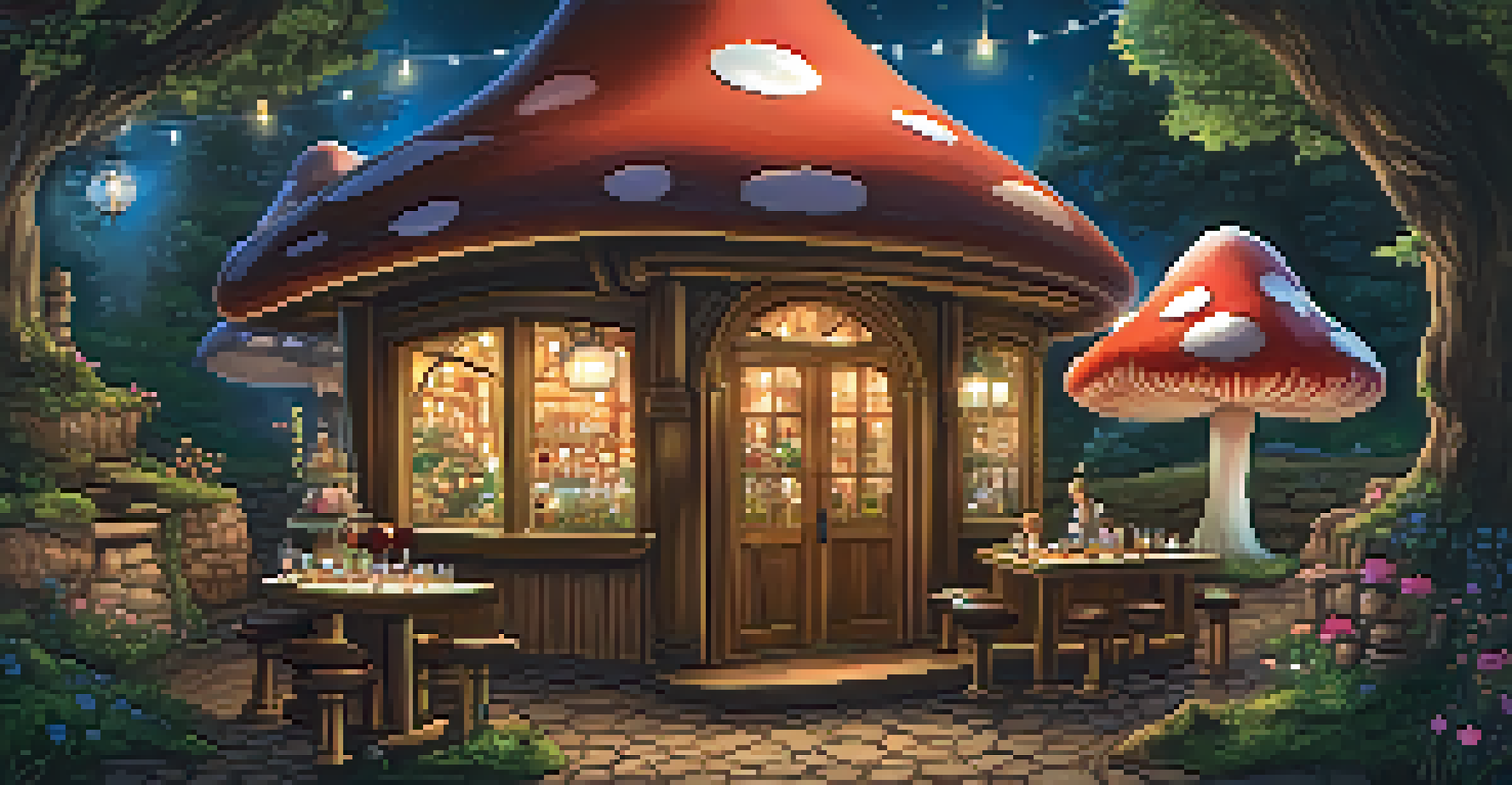 A fairy tale tavern with whimsical decor and guests enjoying magical drinks.