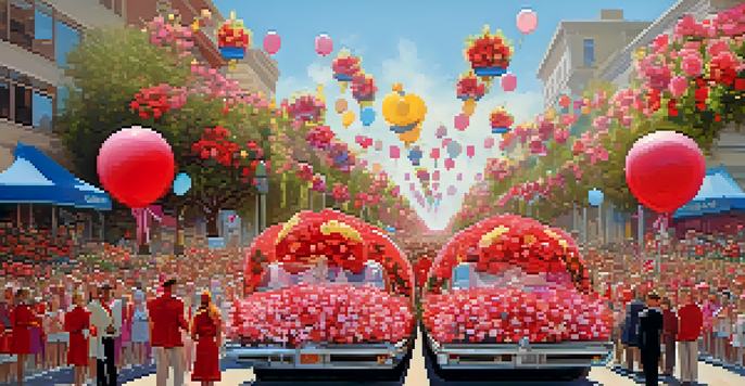 A lively Rose Parade with beautifully decorated floats made of fresh roses, surrounded by enthusiastic crowds under a bright blue sky.