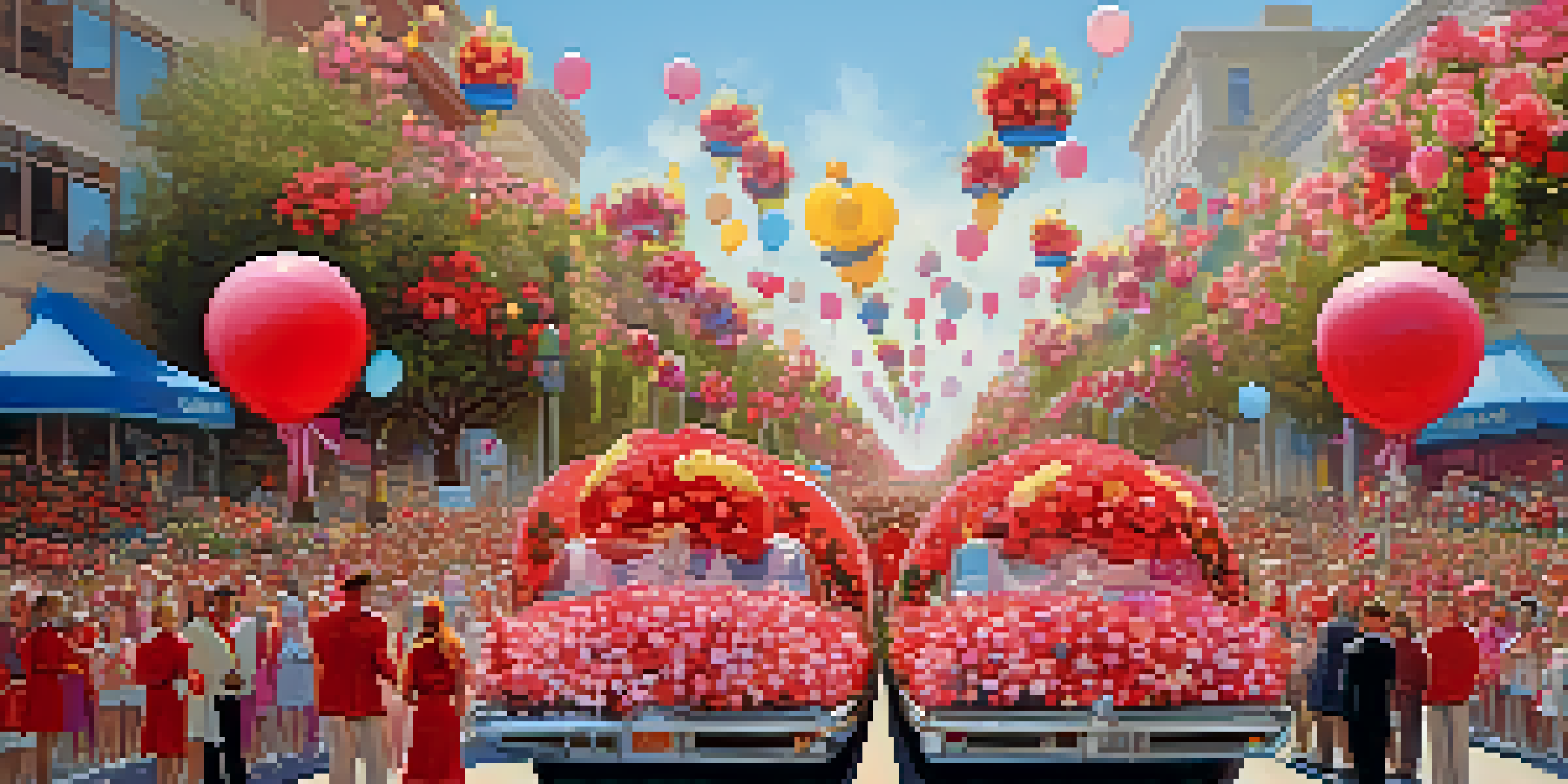 A lively Rose Parade with beautifully decorated floats made of fresh roses, surrounded by enthusiastic crowds under a bright blue sky.