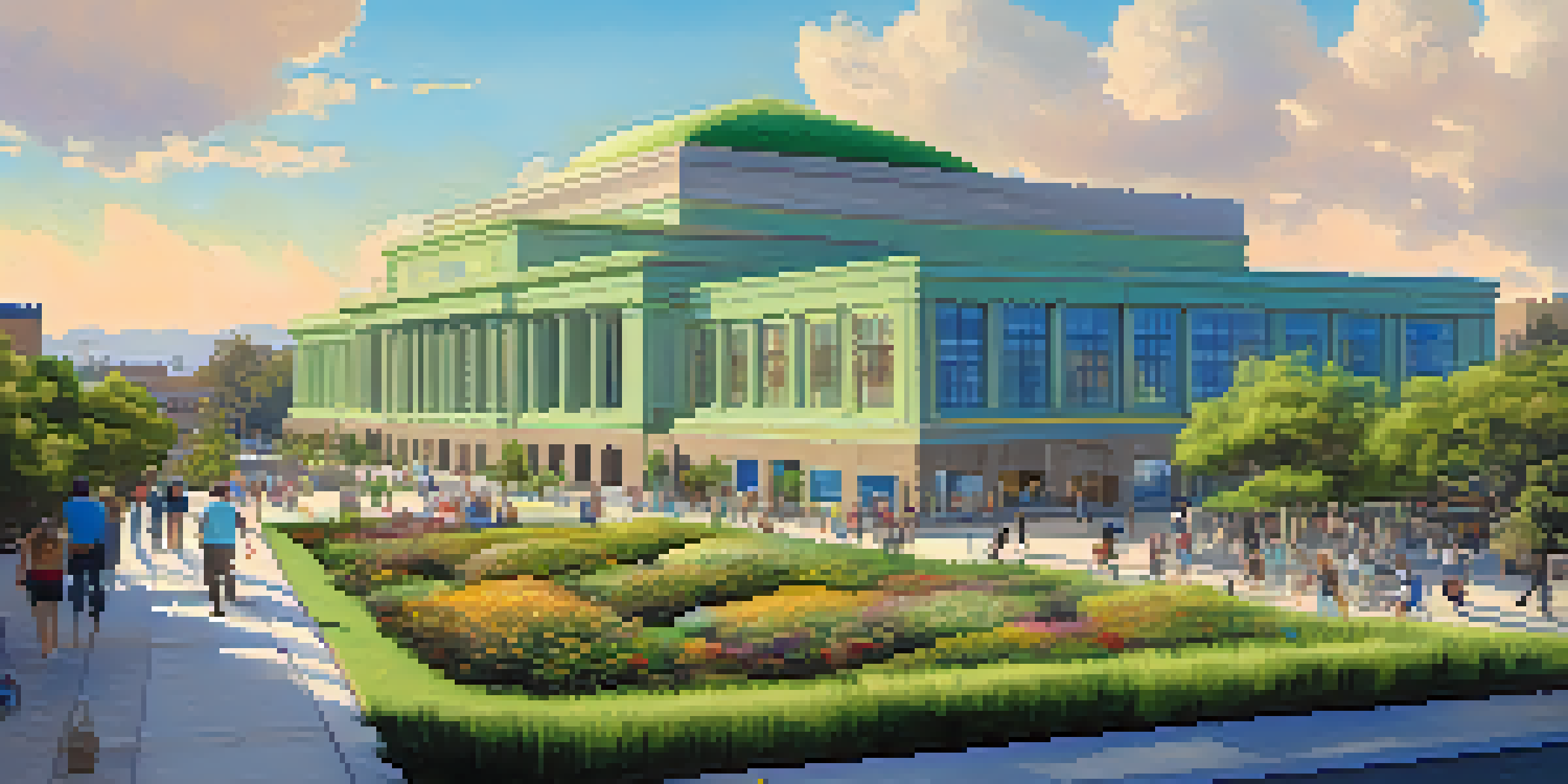 A view of the Pasadena Central Library with a green roof and large windows, surrounded by people enjoying the outdoor spaces.
