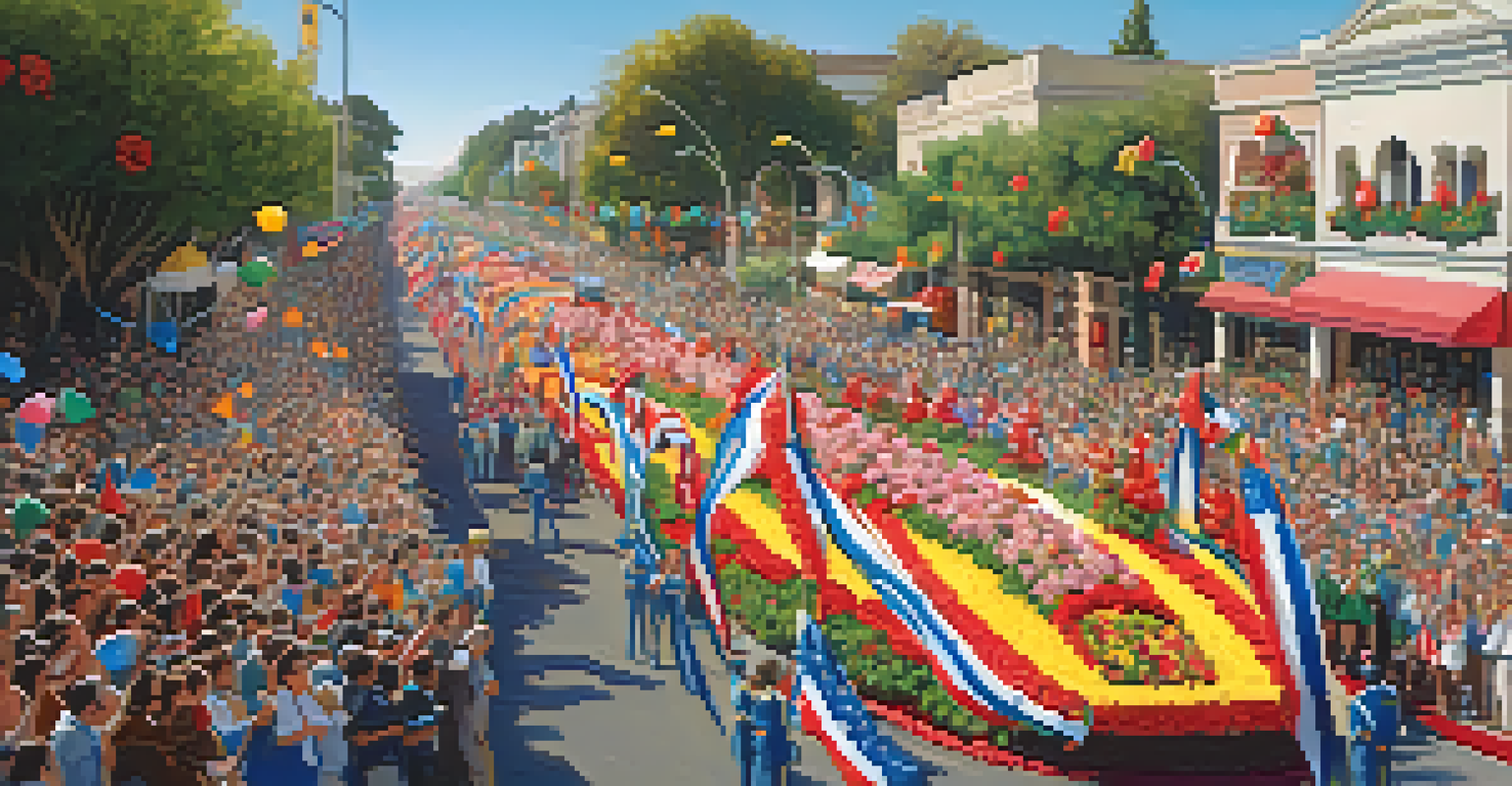 A colorful scene from the Rose Parade, showcasing flower-decorated floats and enthusiastic spectators under a clear blue sky.