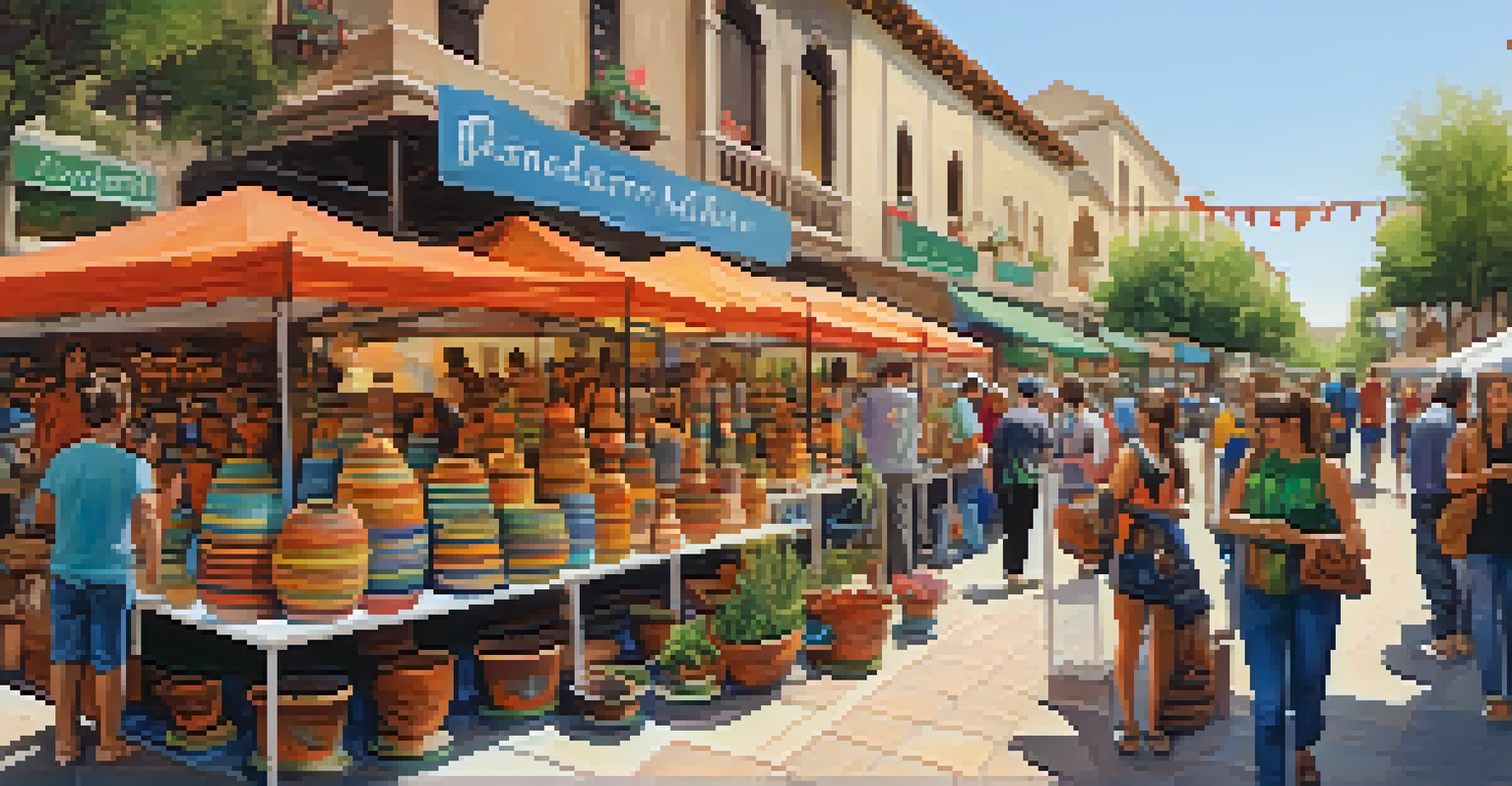 A lively outdoor pottery market in Pasadena with artisans showcasing unique ceramic pieces and visitors exploring the vibrant booths.