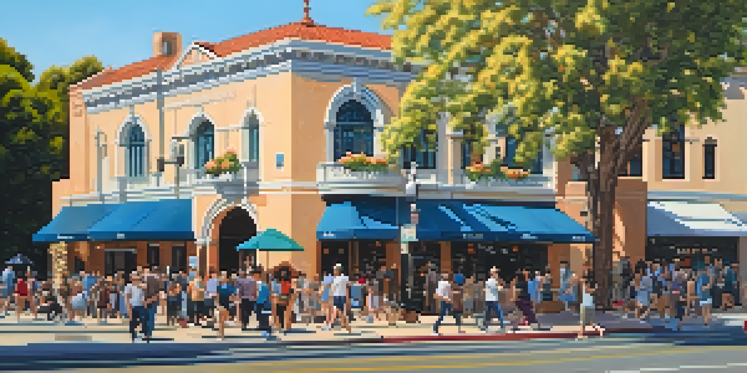 A busy street in Pasadena featuring the historic Pasadena Playhouse with colorful flowers and trees, and diverse people walking by.