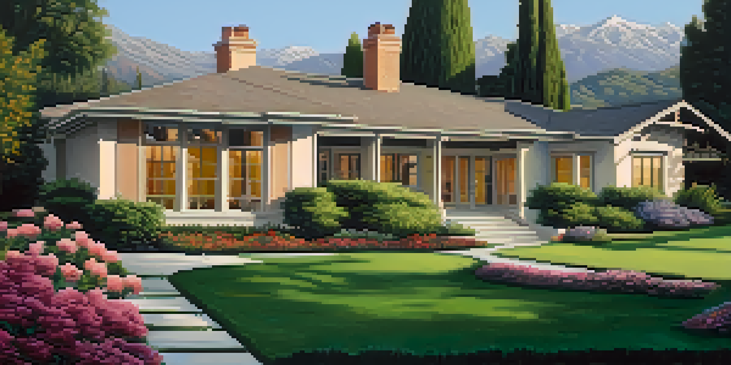 A beautiful luxury home in Pasadena with modern architecture and historic elements, surrounded by colorful gardens and mountains in the background.