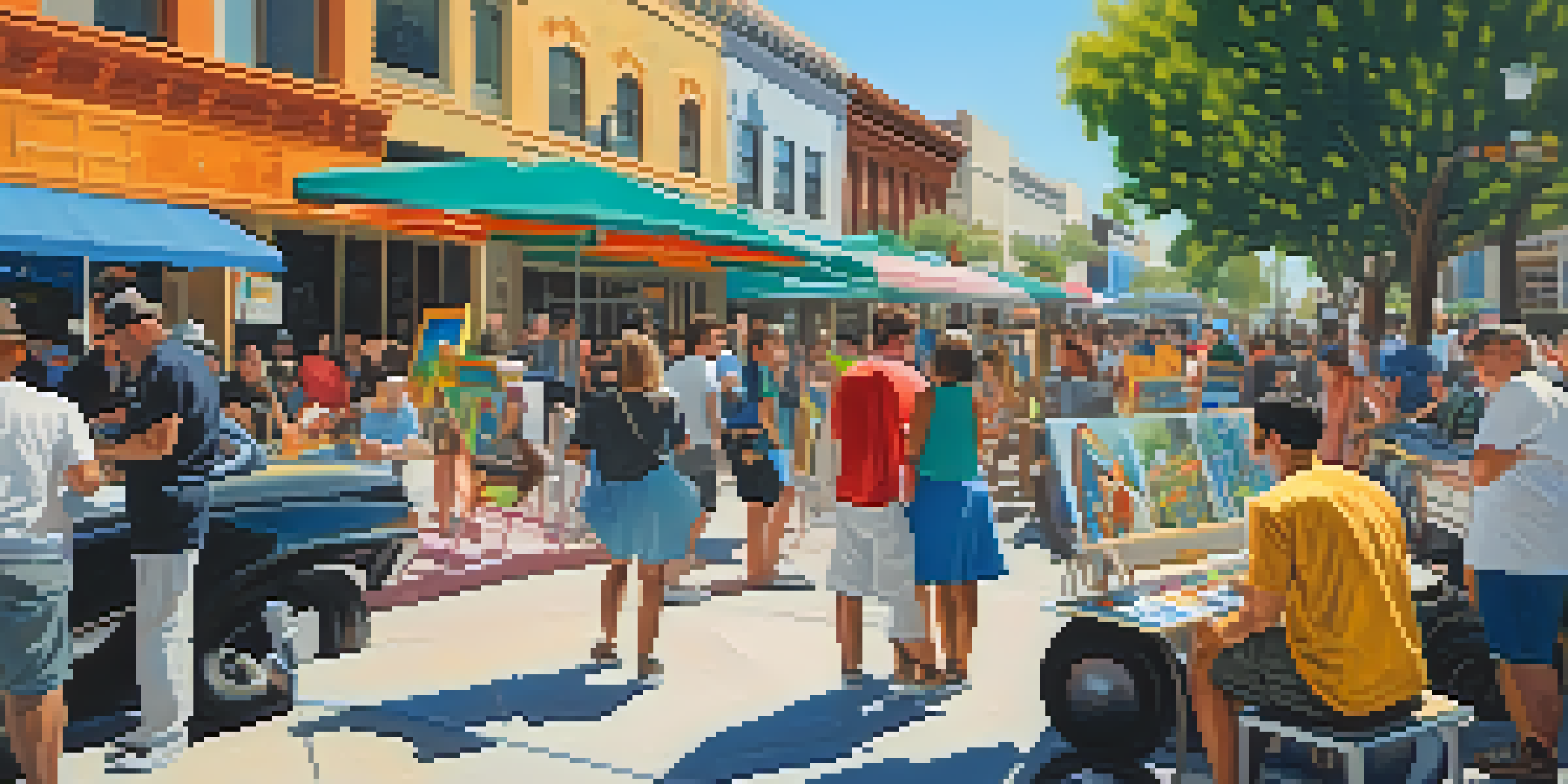 A lively street scene in Pasadena with local artists painting murals, people engaging with art, and a sunny atmosphere.