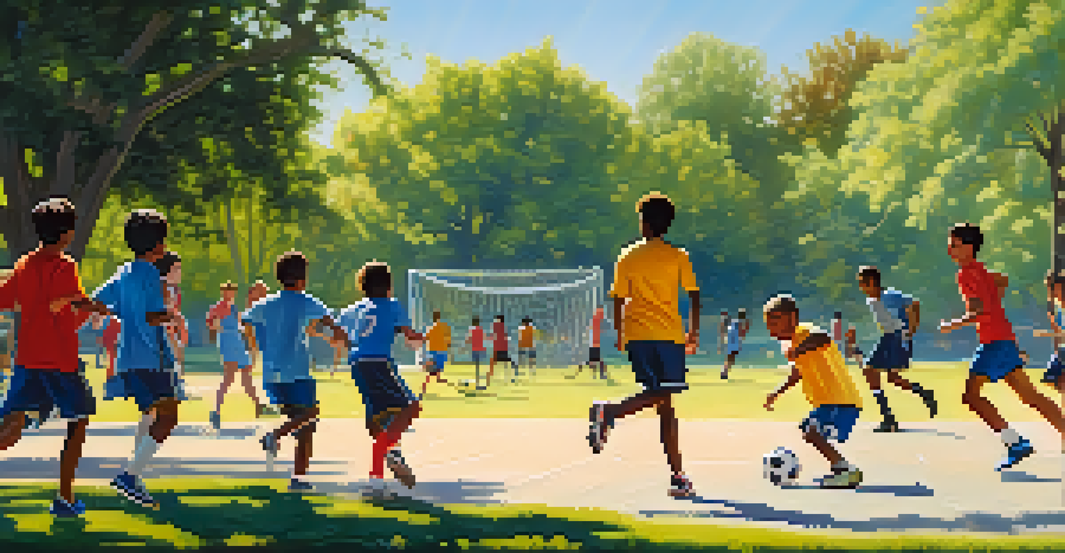 Children of diverse backgrounds playing soccer in a sunny park, showcasing teamwork and energy.