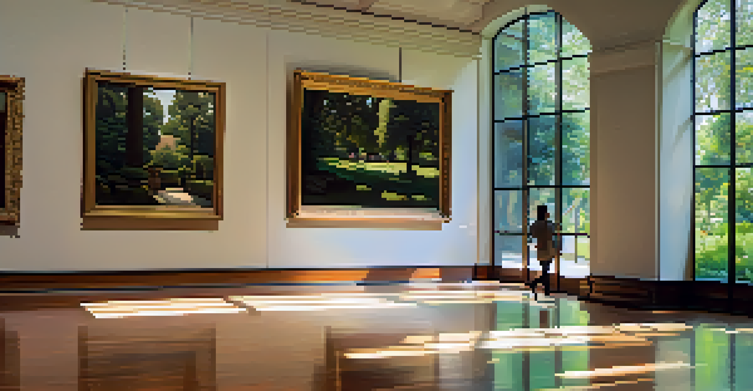 Interior view of the Norton Simon Museum with classic European paintings, sunlight filtering through windows, and lush greenery visible outside.