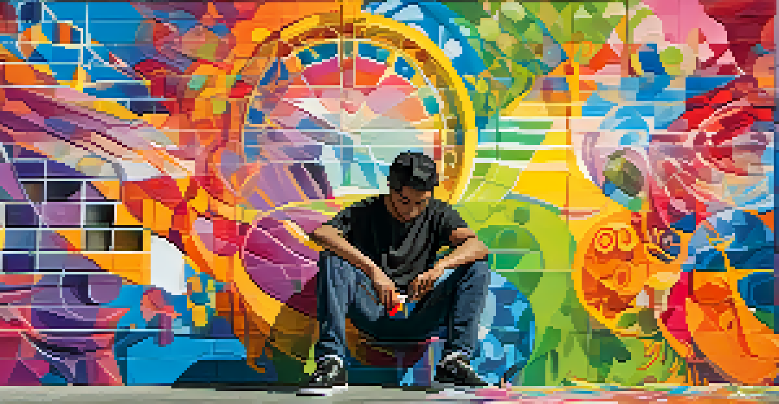 An emerging artist painting a colorful mural on a city wall, displaying intricate patterns and vibrant colors, with a focus on their creative process.