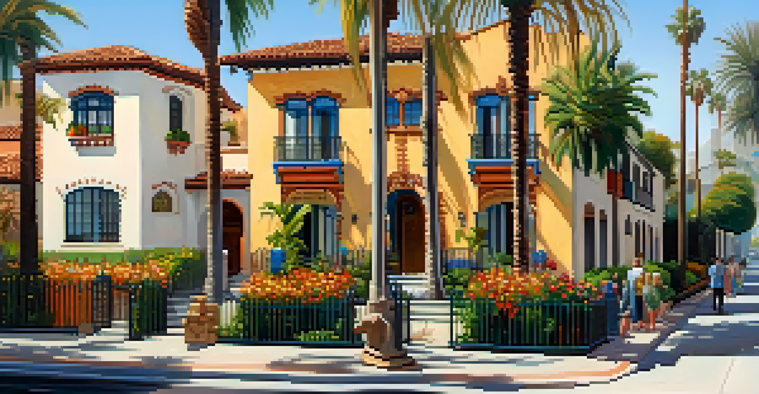 A lively street in Pasadena featuring Spanish Revival homes with wrought iron details and blooming flowers, with people enjoying the sunny day.