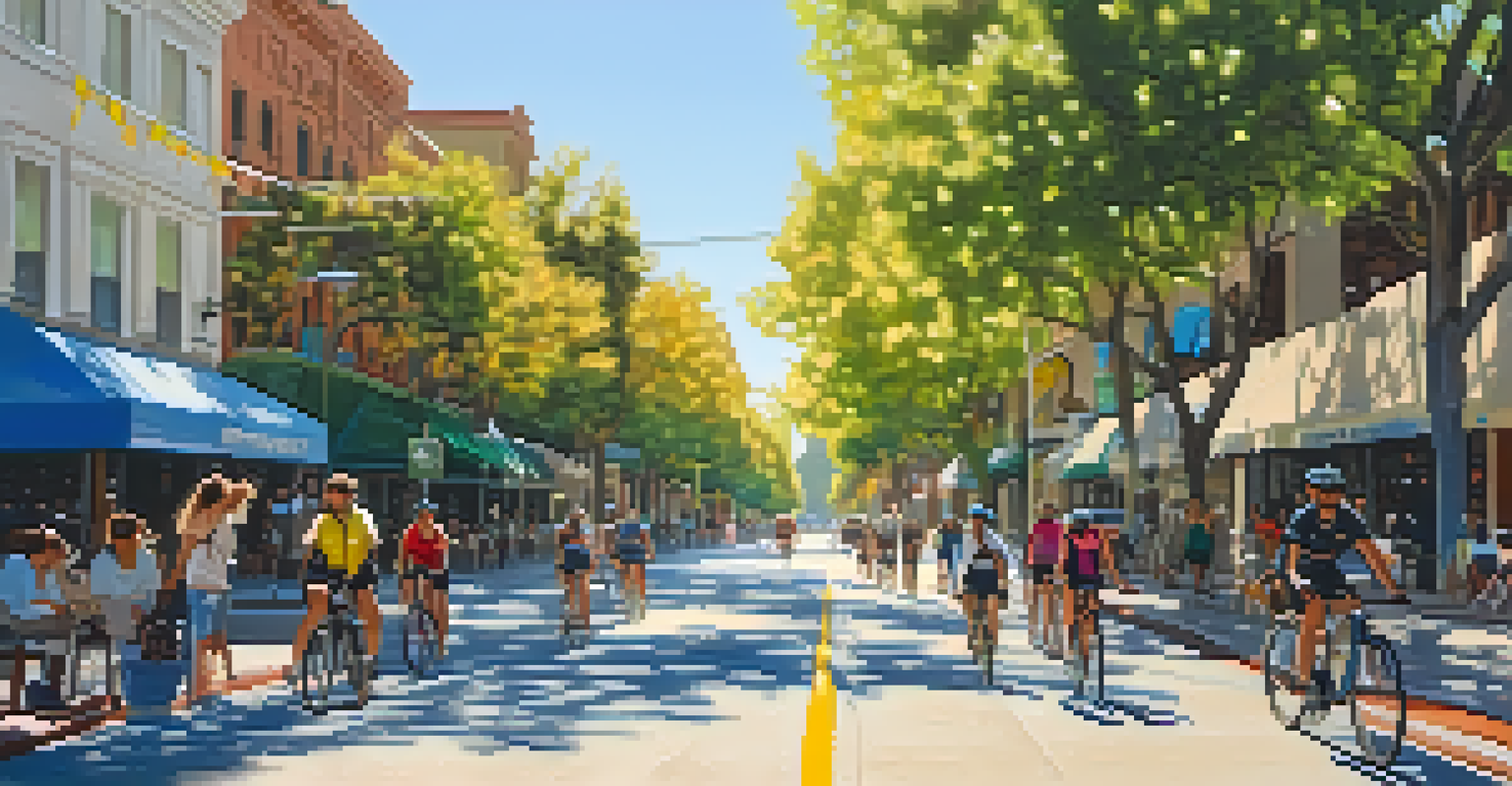 A lively urban street in Pasadena with cyclists and pedestrians, surrounded by trees and shops, illuminated by sunlight.