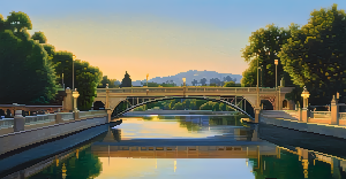 A scenic view of the Colorado Street Bridge in Pasadena at sunset, showcasing its architectural beauty and surrounding nature.