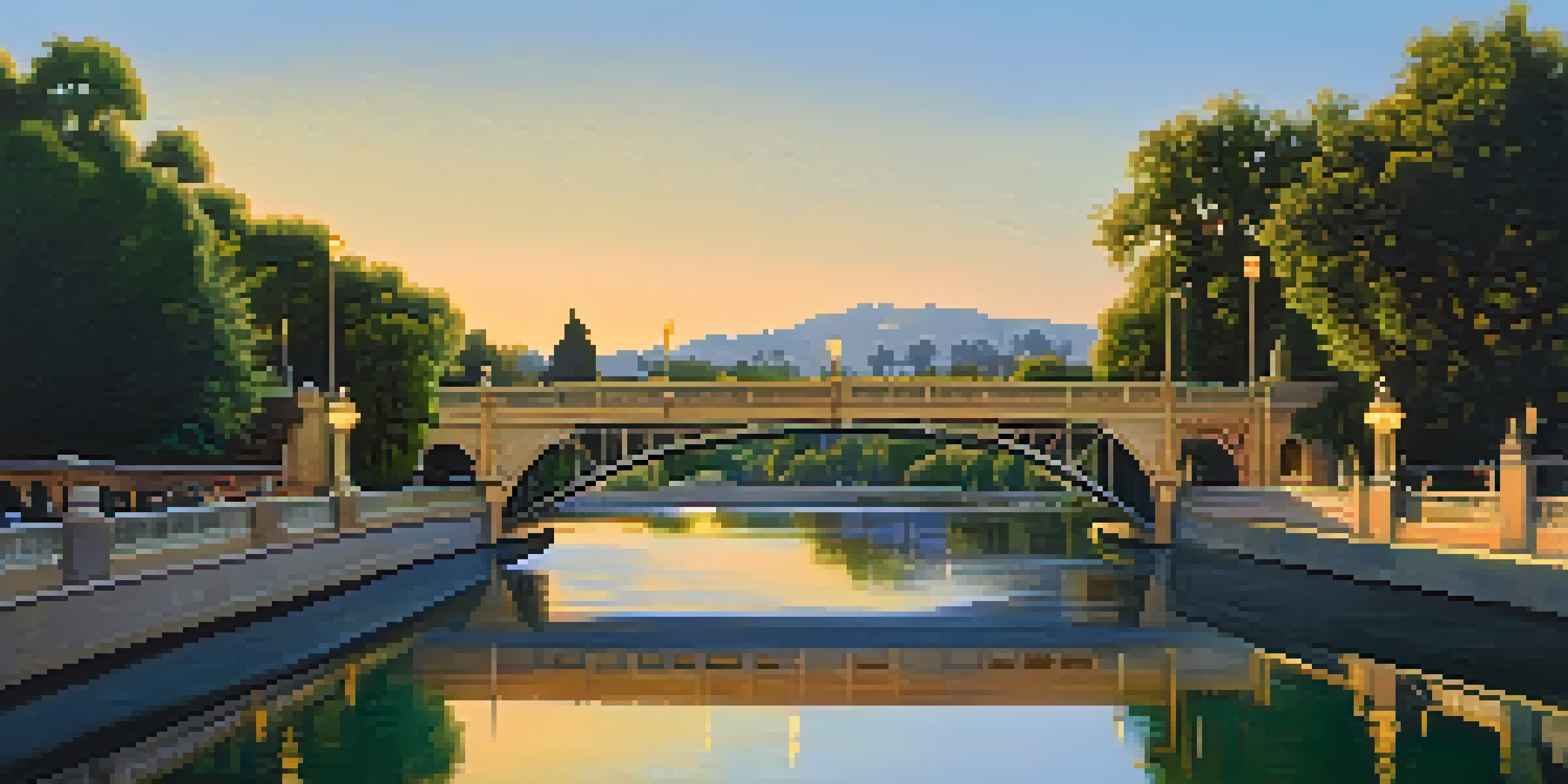A scenic view of the Colorado Street Bridge in Pasadena at sunset, showcasing its architectural beauty and surrounding nature.
